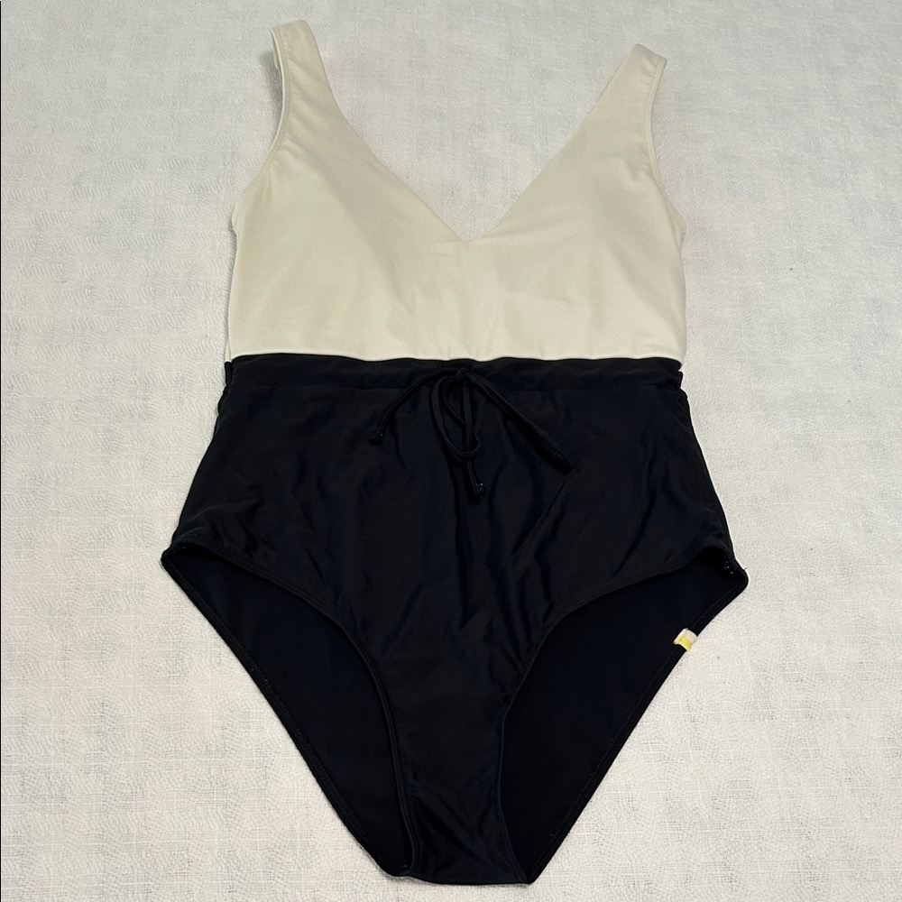 summersalt Two-Tone V-Neck One-Piece Swimsuit in Cream and Black